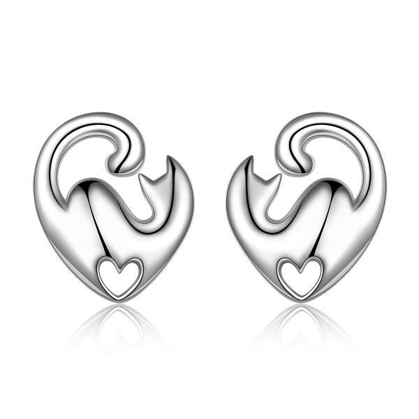 Sterling Silver Cat Heart Stud Earrings-0