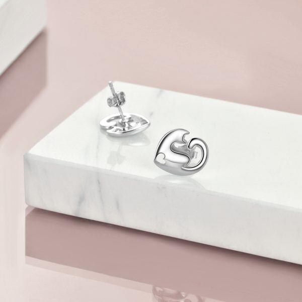 Sterling Silver Cat Heart Stud Earrings-3