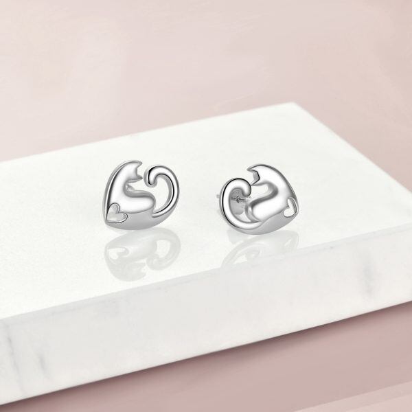 Sterling Silver Cat Heart Stud Earrings-4