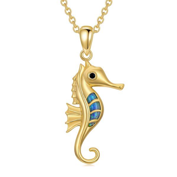 14K Solid Gold Seahorse Pendant Necklace with Opal-0