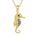 wholesale 14K Gold Blue Opal Sea Horse Pendant Necklaces for Women s-0-0