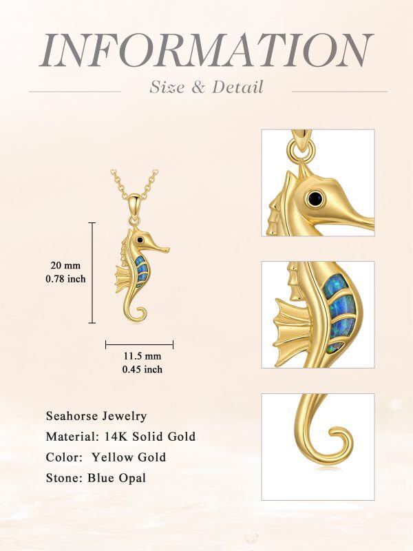 14K Solid Gold Seahorse Pendant Necklace with Opal-2