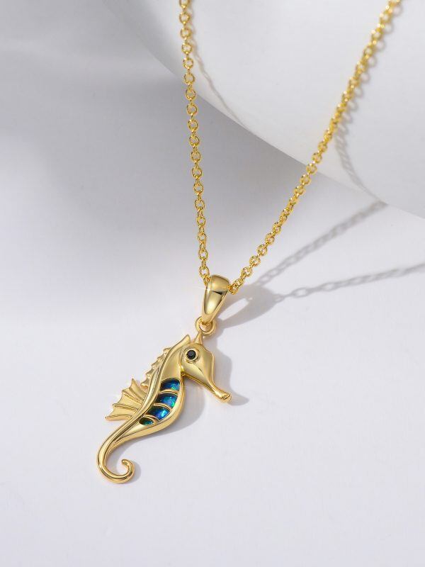 14K Solid Gold Seahorse Pendant Necklace with Opal-3