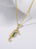 wholesale 14K Gold Blue Opal Sea Horse Pendant Necklaces for Women s-0-3