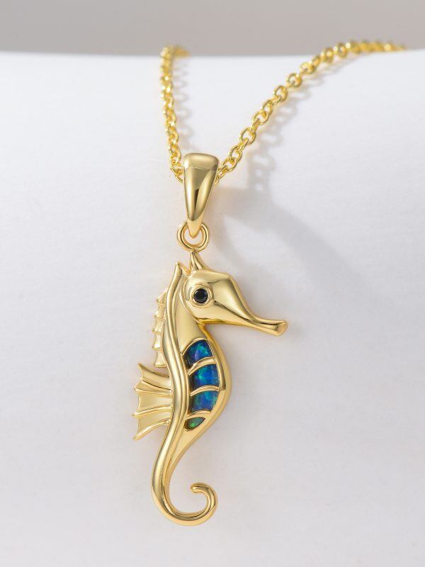 14K Solid Gold Seahorse Pendant Necklace with Opal-4