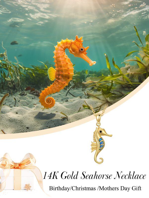 14K Solid Gold Seahorse Pendant Necklace with Opal-5