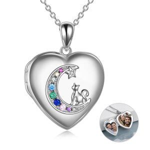 Sterling Silver Moon & Cat Locket Necklace with Colored zircon-0