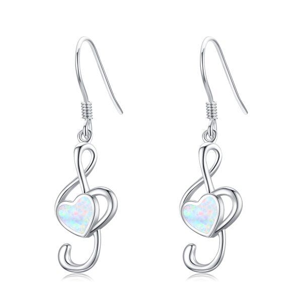 Sterling Silver Music Note Dangle Earrings with Heart Opal-0