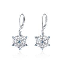 wholesale 925 Sterling Silver Blue Crystal Snowflake Drop Dangle Leverback Earrings s for Women and Girls- Rhodium Plated