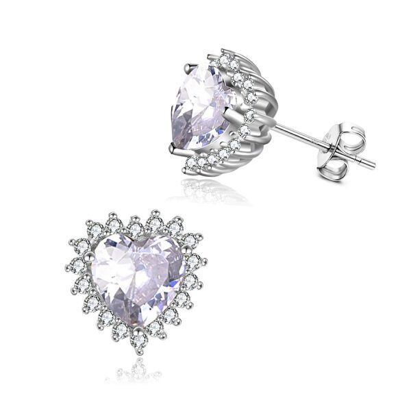 Sterling Silver Heart Shape Birthstone Stud Earrings-3