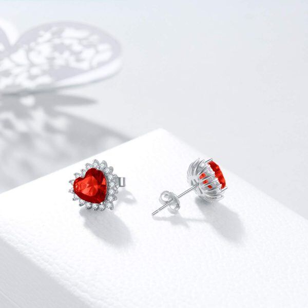 Sterling Silver Heart Shape Birthstone Stud Earrings-14