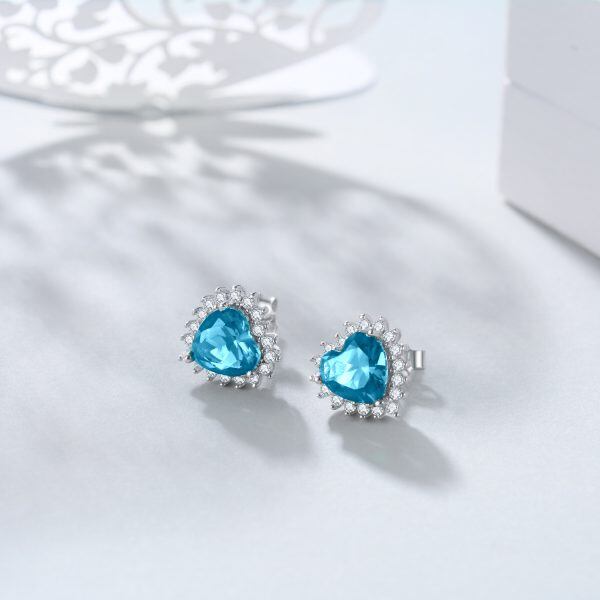 Sterling Silver Heart Shape Birthstone Stud Earrings-18