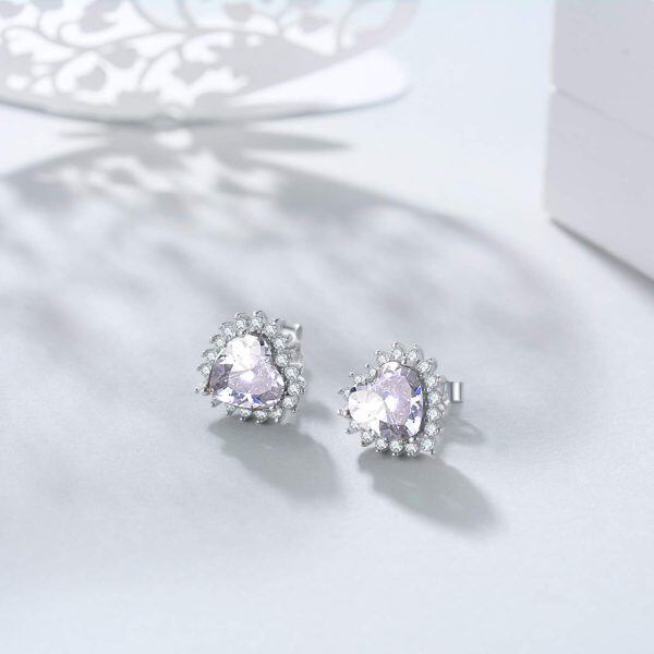 Sterling Silver Heart Shape Birthstone Stud Earrings-21