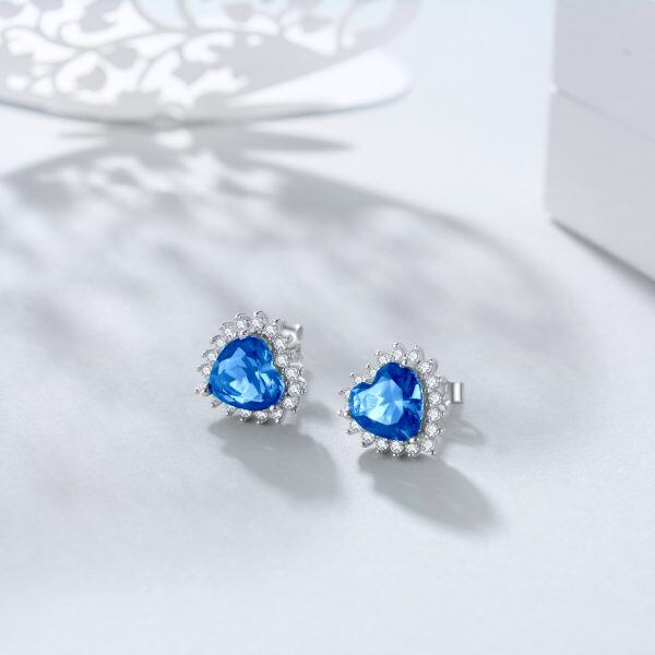 Sterling Silver Heart Shape Birthstone Stud Earrings-32