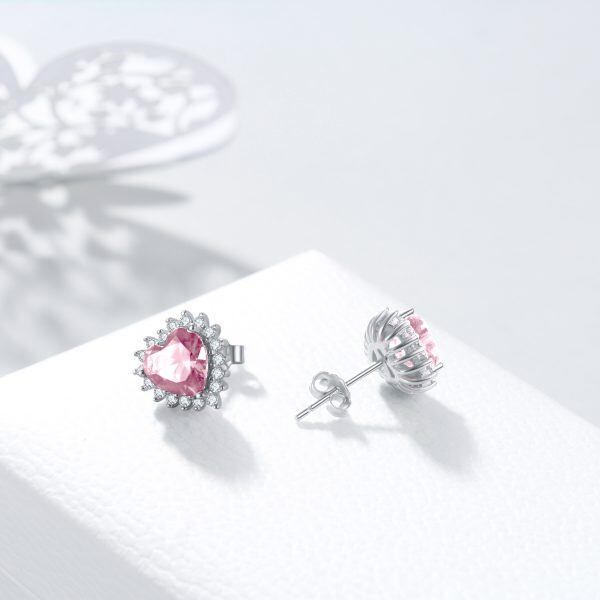 Sterling Silver Heart Shape Birthstone Stud Earrings-34