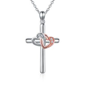 Sterling Silver Cross Pendant Necklace with Double Heart-0