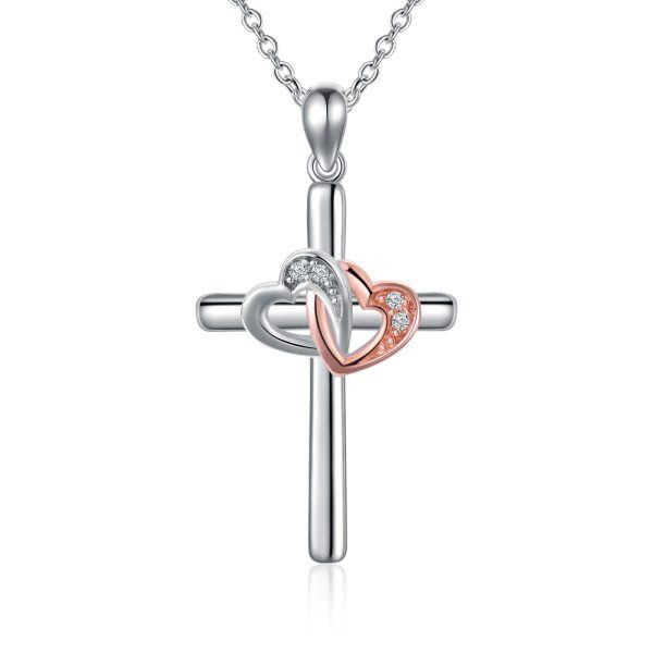 Sterling Silver Cross Pendant Necklace with Double Heart-0