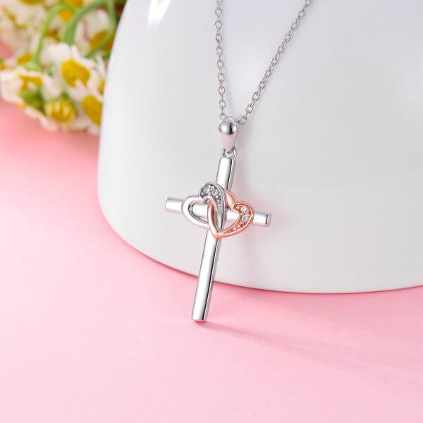 Sterling Silver Cross Pendant Necklace with Double Heart-3