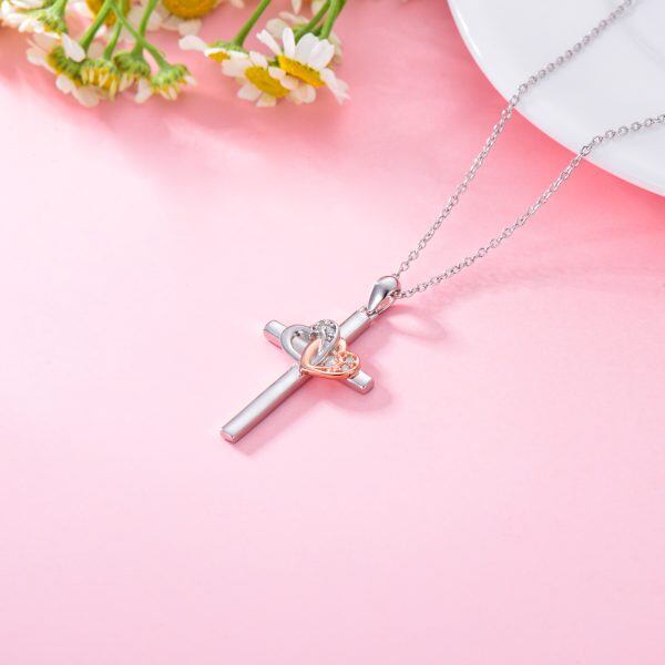 Sterling Silver Cross Pendant Necklace with Double Heart-4