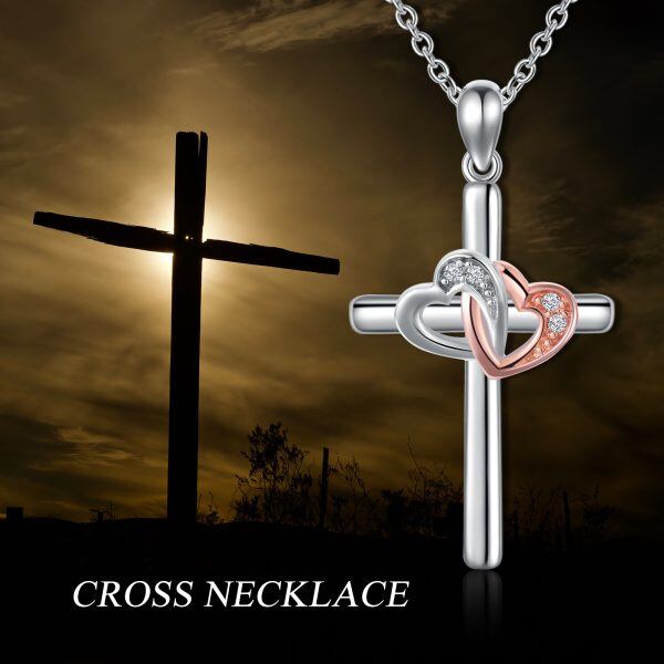 Sterling Silver Cross Pendant Necklace with Double Heart-5