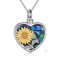wholesale 925 Sterling Silver Abalone Shell Heart-Shaped Sunflower Keepsake Pendant Necklace for Ashes Cremation Jewelry- Two Tone