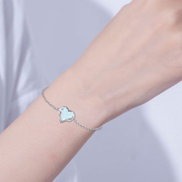 Sterling Silver Opal Heart Chain Bracelets-3