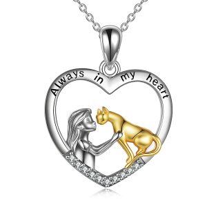 Sterling Silver Girl & Cat Pendant Necklace with" Always in My Heart "-0