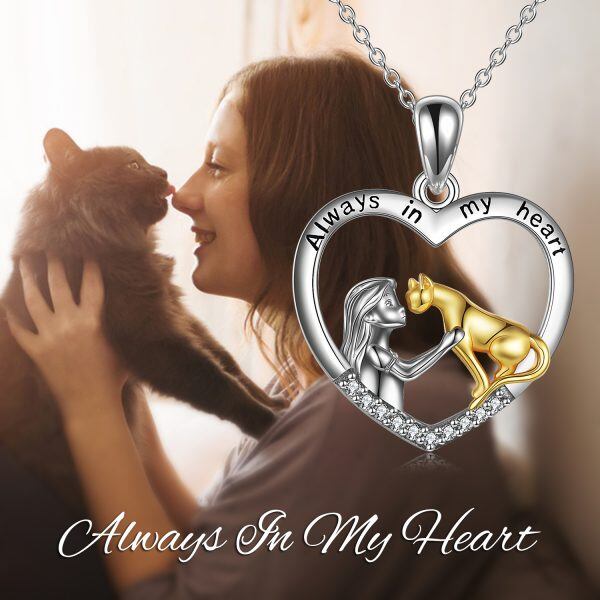 Sterling Silver Girl & Cat Pendant Necklace with" Always in My Heart "-5