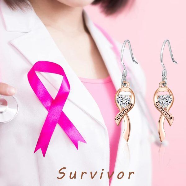 Sterling Silver Breast Cancer Awareness Ribbon Dangle Earrings-5