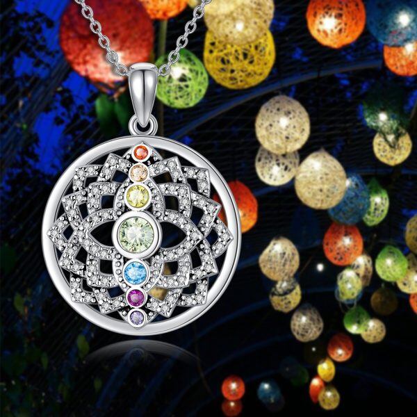 Sterling Silver Chakra Lotus Flower Yoga Pendant Necklace-5