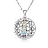 wholesale 925 Sterling Silver Multicolor CZ Chakra Lotus Yoga Pendant Necklace for Women- Oxidized/Oxidised