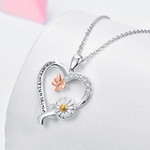 Sterling Silver Butterfly Sunflower Pendant Necklace-3