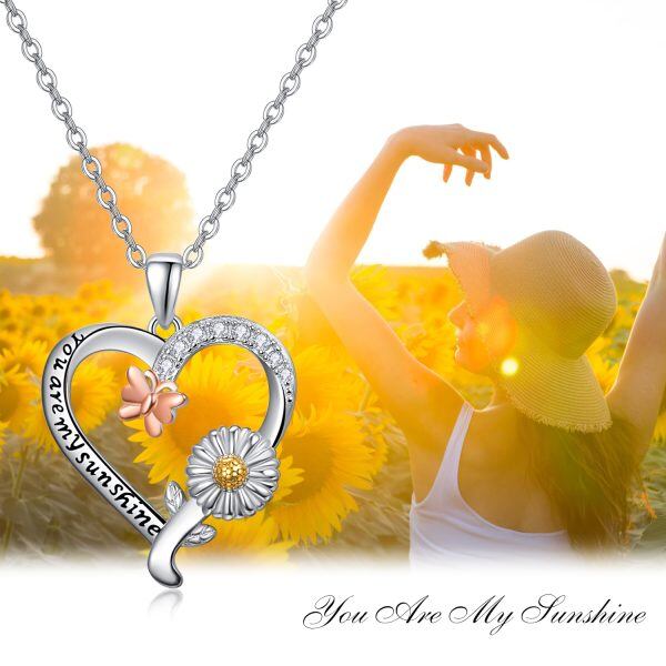 Sterling Silver Butterfly Sunflower Pendant Necklace-5