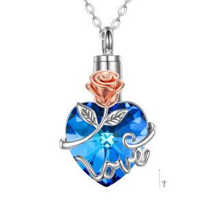 Sterling Silver Heart Crystal Urn Necklaces with Rose Flower-0