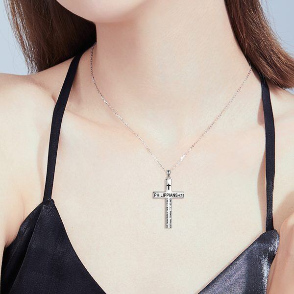 Sterling Silver Cross Pendant Necklace with " Philippians 4:13 I Can Do All Things"-1