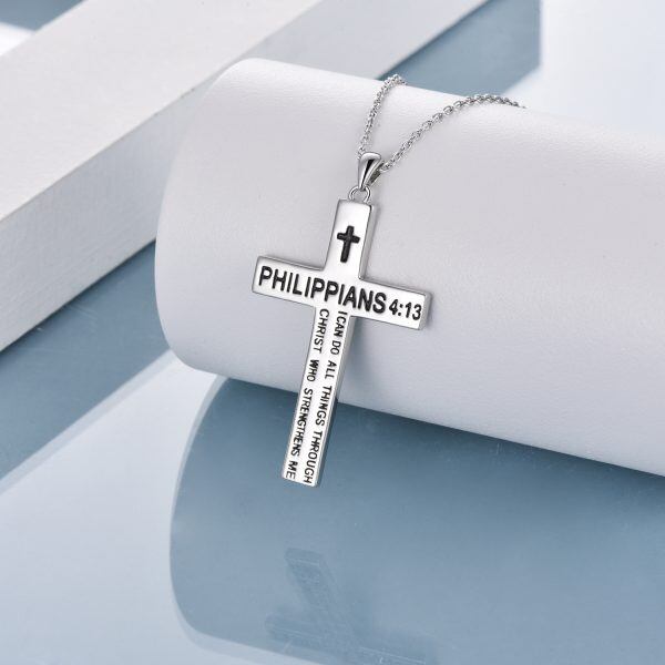 Sterling Silver Cross Pendant Necklace with " Philippians 4:13 I Can Do All Things"-3