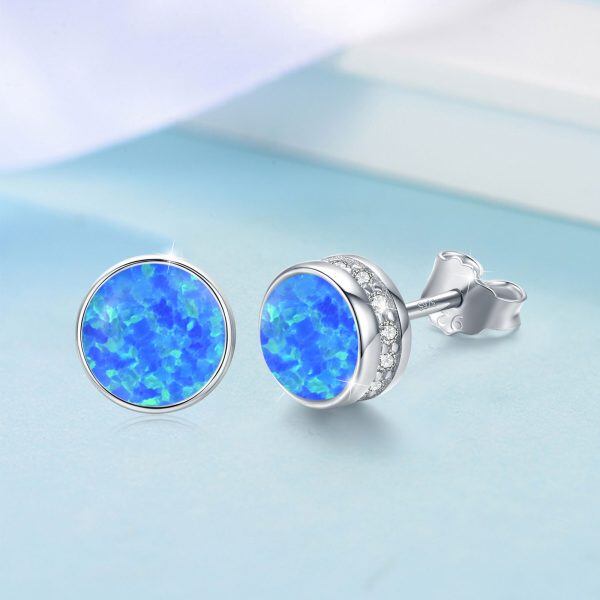 Sterling Silver Round Blue Opal Stud Earrings-4