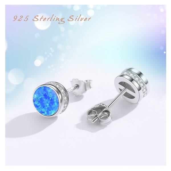 Sterling Silver Round Blue Opal Stud Earrings-5