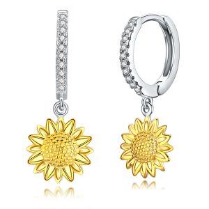 Sterling Silver Sunflower Dangle Earrings with Shining Cubic Zirconia-0