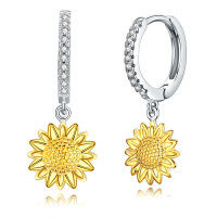 wholesale Gold-Plated 925 Sterling Silver CZ Sunflower Drop Dangle Earrings for Women Girls - Two Tone