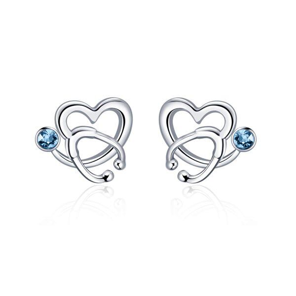 Sterling Silver Stethoscope Heart Stud Earrings with March Birthstone Crystal-0