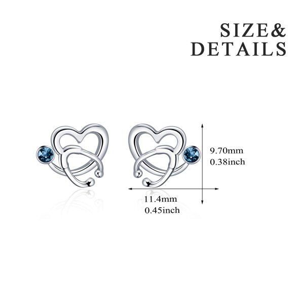 Sterling Silver Stethoscope Heart Stud Earrings with March Birthstone Crystal-1