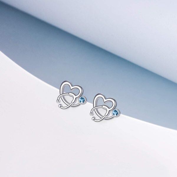 Sterling Silver Stethoscope Heart Stud Earrings with March Birthstone Crystal-3