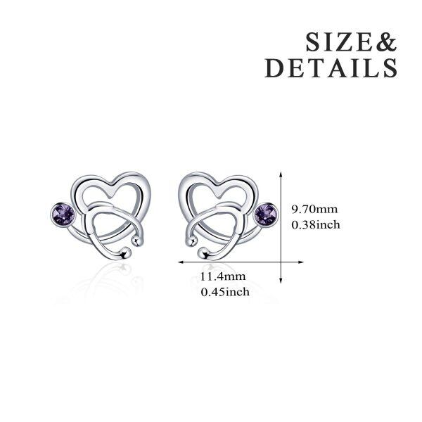 Sterling Silver Stethoscope Heart Stud Earrings with June Birthstone Crystal-1