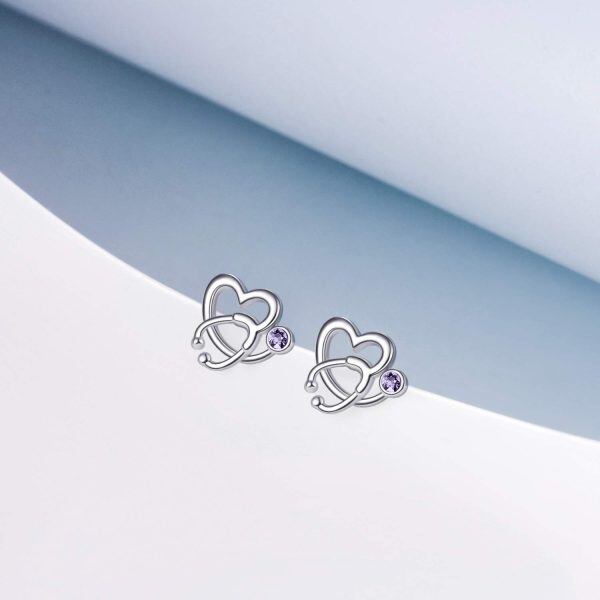 Sterling Silver Stethoscope Heart Stud Earrings with June Birthstone Crystal-3