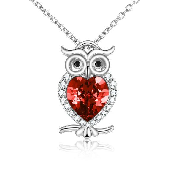 Sterling Silver Owl Pendant Necklace with Red January Birthstone-0