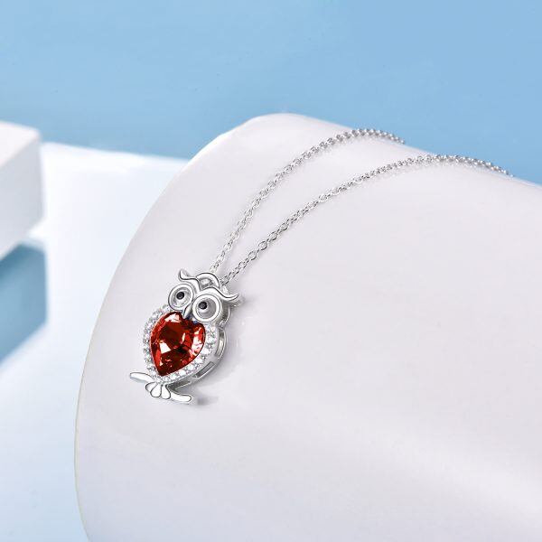 Sterling Silver Owl Pendant Necklace with Red January Birthstone-3