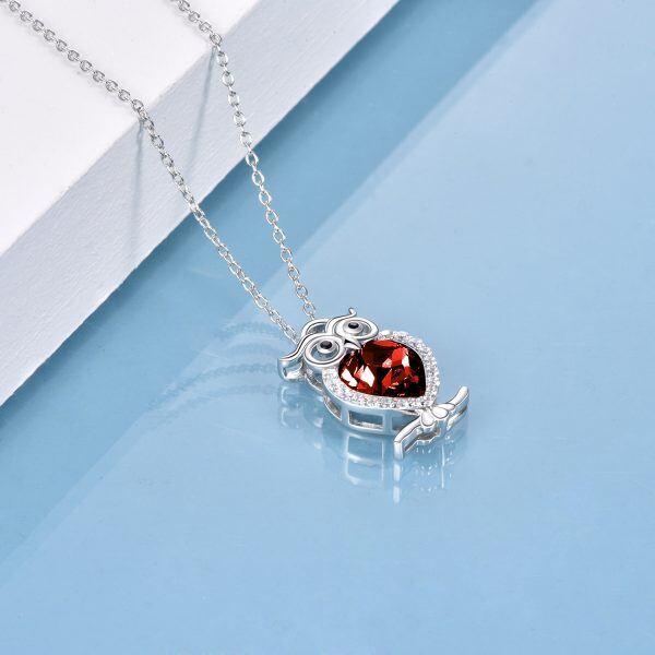 Sterling Silver Owl Pendant Necklace with Red January Birthstone-4