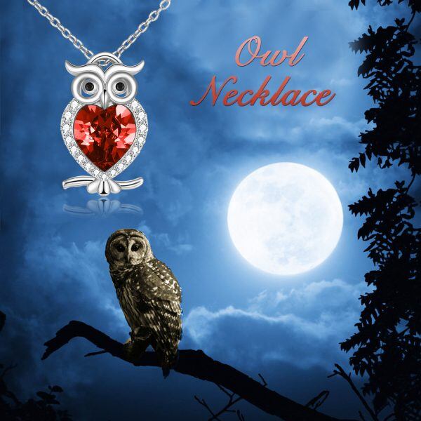 Sterling Silver Owl Pendant Necklace with Red January Birthstone-5