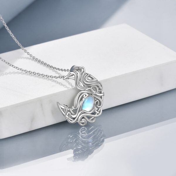 Sterling Silver Moon Moonstone Pendant Necklace-4